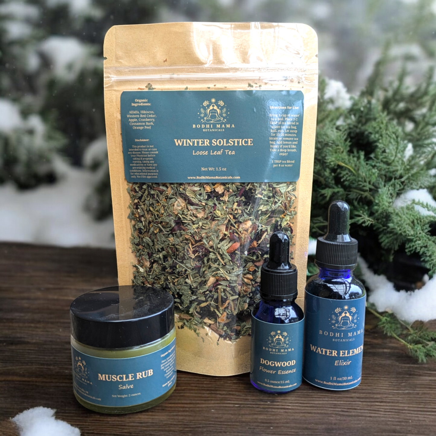 Winter Herbal Wellness Package || Muscle Rub Salve|| Winter Solstice Tea || Dogwood Flower Essence || Seasonal Wellness